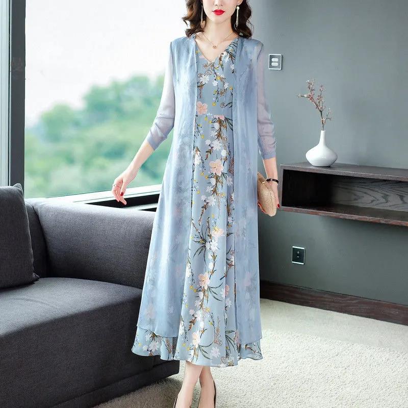 Hiffon Suit 2021 Spring Summer and Autumn Women's Fashion Age Reduction Slim Waist Cardigan Printed Vest Dress Two-piece Suit