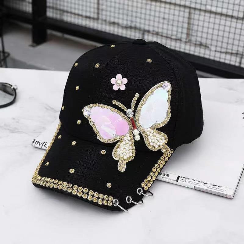 Women's Hat Spring Summer Butterfly Diamond-studded Baseball Cap Metal Three Rings Sun Hat Outdoor Sunshade Cap Hip Pop Ponytail Cap