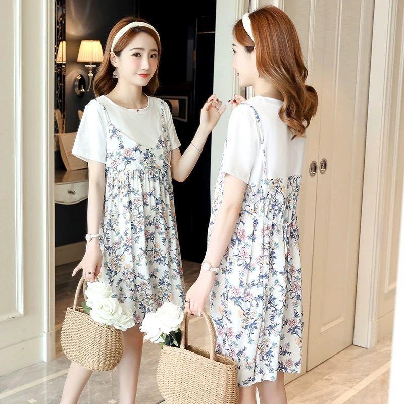 Loose Mid-length Ladies Dress Round Neck Short-sleeved Loose Skirt Casual Skirt Ladies Hanging Wide Loose Dress Sweet and Cute Fabric Soft