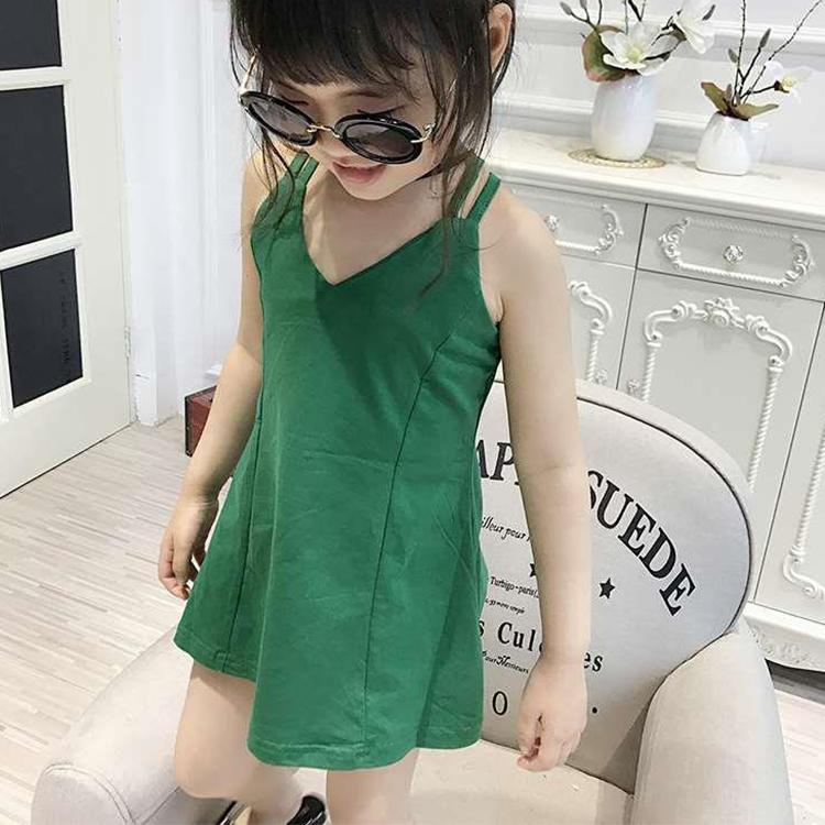 Children Dress Girls Summer Thin Waistcoat Dress with Back Cross Solid Color Sleeveless V-neck Ruffle A-line Dress