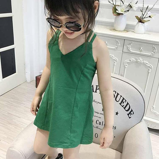 Children Dress Girls Summer Thin Waistcoat Dress with Back Cross Solid Color Sleeveless V-neck Ruffle A-line Dress