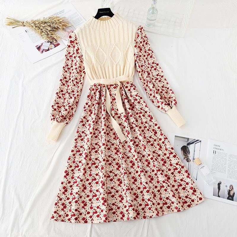 Autumn  Winter Corduroy Dress Women's Knitted Stitching Long-sleeved Long Floral Dress Sweet A-line Dress with Belt