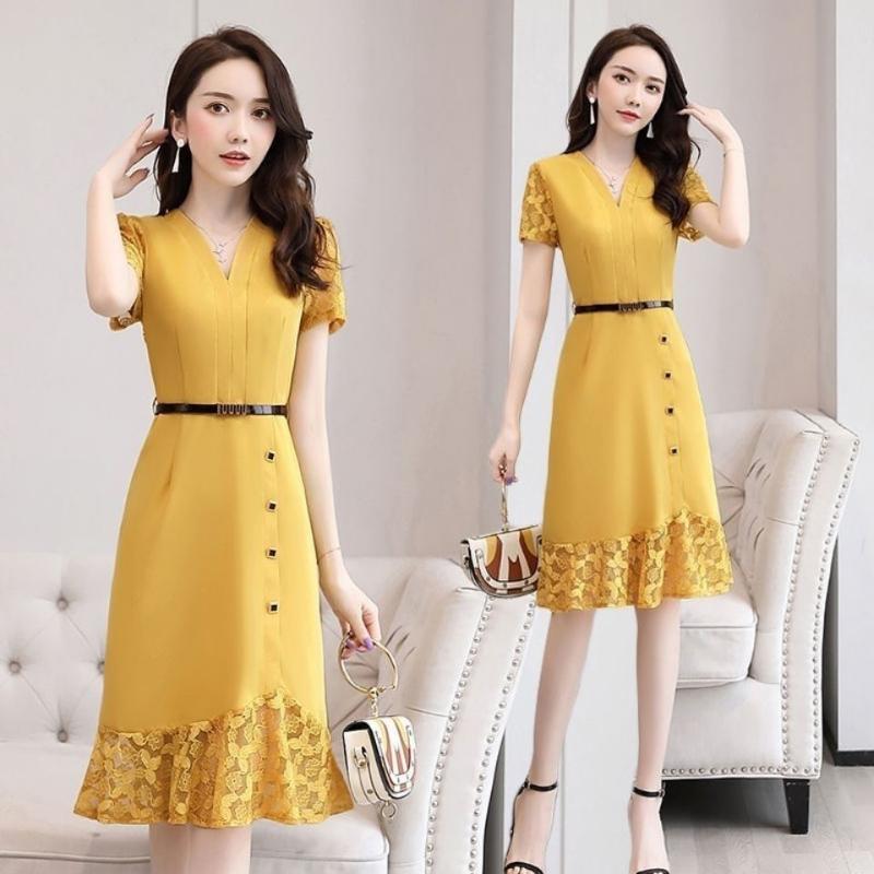 2021 Summer New Dresses Female Large Size Long Western-style Mother Summer Dress Waist Lace Stitching A-line Skirt