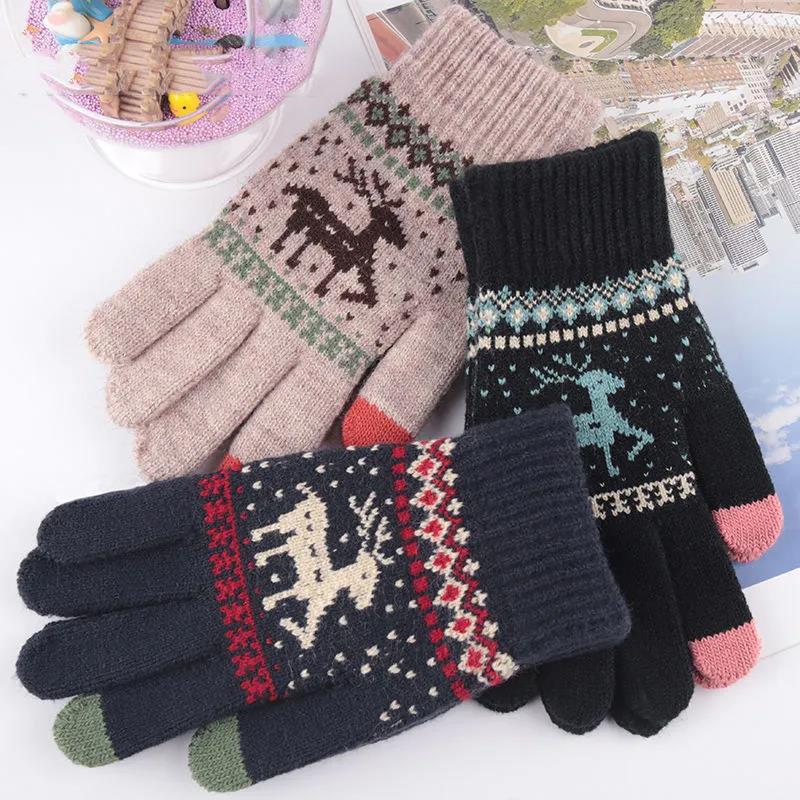 Women's Winter Gloves Touch Screen Mittens Korean Style Cute Deer Wool Knitted Five-finger Outdoor Riding Double Layer Plus Velvet Thickening Gloves