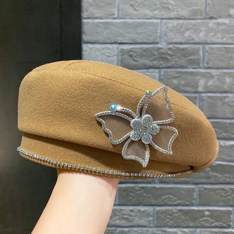 Women's Rhinestone Butterfly Wool Blend Beret Hat Spring Autumn All-match Elegant Retro Painter Hat Solid Color Baker Hat