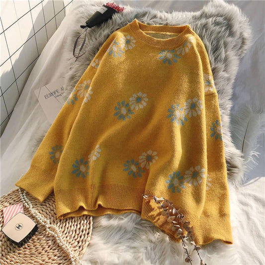 Pofulove Autumn and Winter Loose Flower Jacquard Sweater Women's Pullover Round Neck Sweater