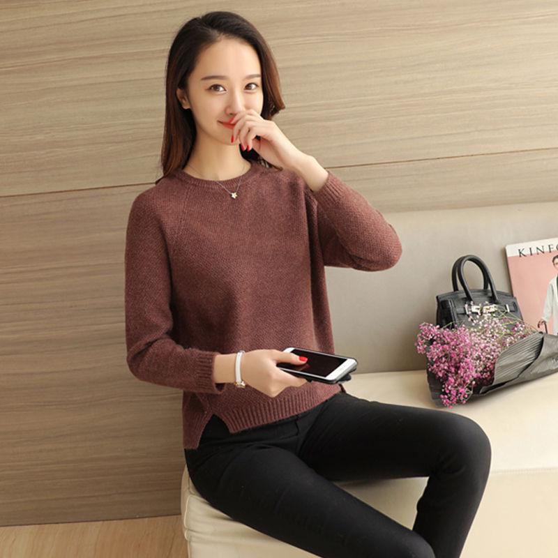 Autumn and Winter Knitted Sweater Short Round Neck Loose Top Simple Long-sleeved Women's Bottoming Shirt