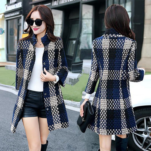 Women's Woolen Coat Winter Autumn  Winter Mid-length Slim-fit Large Size Plaid Coat Stand Up Collar Tweed Jacket