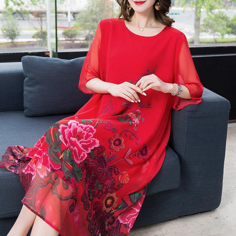 XL-XXXXXXL Women's Summer Dress Middle-aged Mother Chiffon Veil Short Sleeve Round Neck Large Size Over The Knee Daily Wear