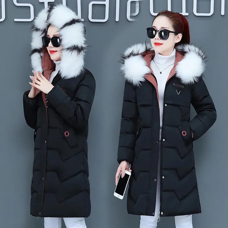 Ladies Down Jacket Winter Fashion Big Fur Collar Hooded Jacket Thick and Cotton Warm Mid-length Jacket