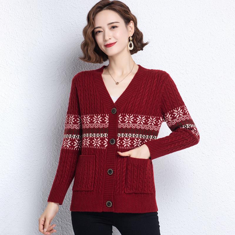 Autumn and Winter Printed Cardigan Women's Plus Size Casual Sweater Coat High-end Wool Sweater