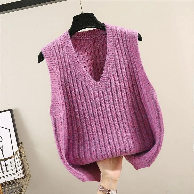 Spring Wool Knit Sweater Women's Pullover V-neck Loose Waistcoat Solid Color Short Sweater Vest