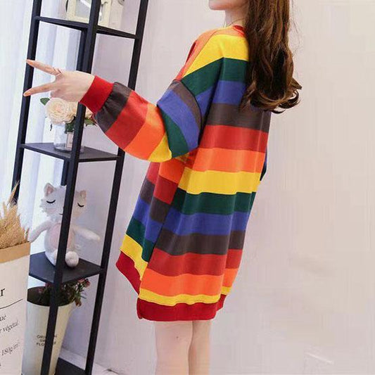 Women's Autumn Plush Mid-length Loose Tops Female Large Size Long Sleeve Rainbow Striped T-shirts