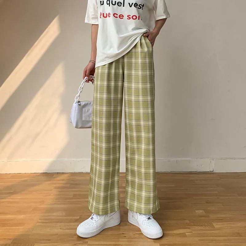 Women Spring Summer Long Pants Vintage High Waist Wide Leg Casual Pants Elastic Waist Loose Plaid Stripe Versatile Streetwear Straight Pants