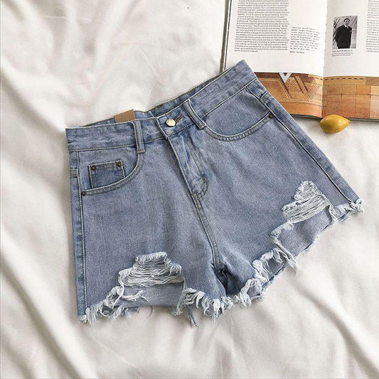 Light-colored Denim Shorts Women's High Waist Summer New Style Korean Loose Loose Holes and Raw Edges Are Thin