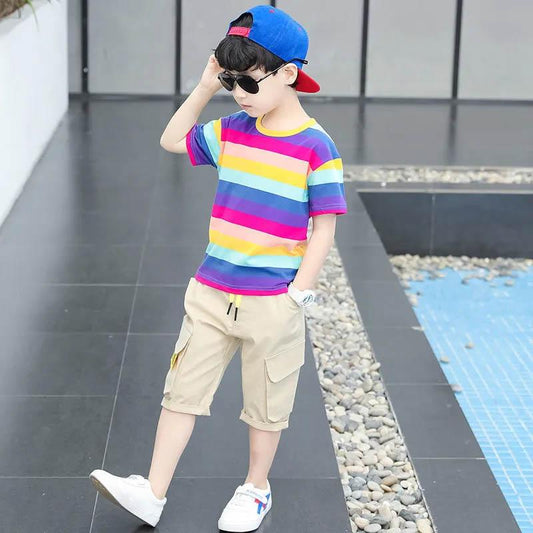 Boys Striped Color Contrast Design Short-sleeved Comfortable Breathable Five-point Pants Suit Summer Cotton Sweat-absorbing Soft Two-piece Suit