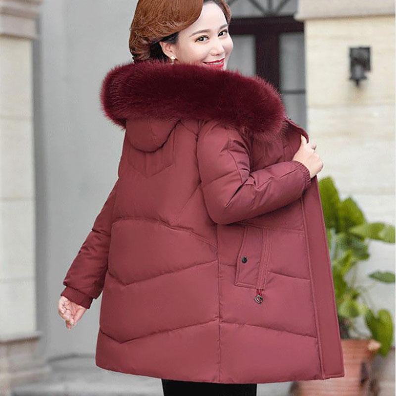 Winter Down Cotton Jacket Fashion Hooded Mid-length Jacket Thick Warm Cotton Jacket Suitable for Middle-aged Women