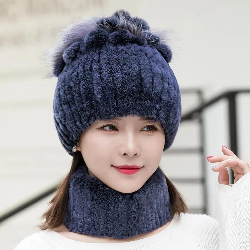 Women's Hat Winter Imitation Rabbit Fur Thick Warm Knitted Hat Korean Fashion Ear Protection Fur Hat Scarf Set