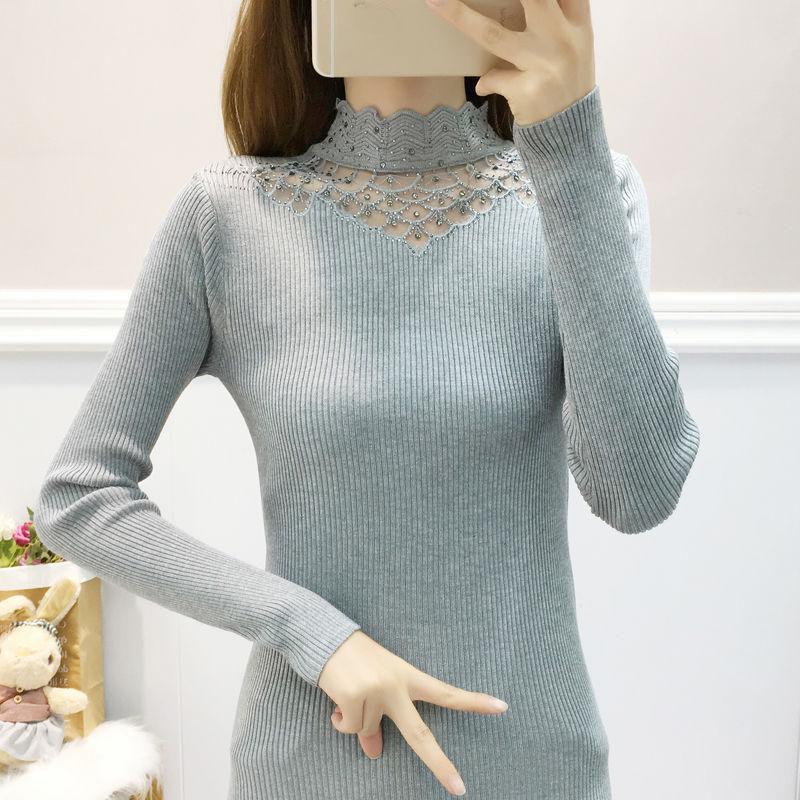 Pofulove Winter Turtleneck Sweater Women Lace Rhinestone Long Sleeve Bottoming Sweater Slim Knit Pullover