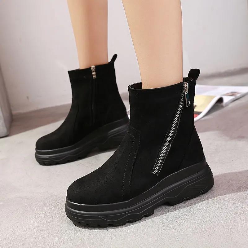 Women's High-rise Short Boots Autumn and Winter Korean Style Comfortable Plus Velvet Thick-soled Slope with Martin Boots Wild Round-toe Cotton Boots