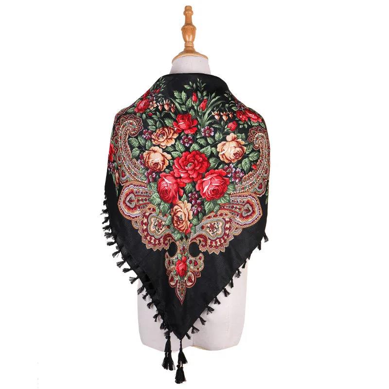 Women's Ethnic Style Square Scarf Printed Shawl Fringed Cotton Scarf Autumn and Winter Warm Embroidered Shawl Multifunctional Turban Shawl Scarf