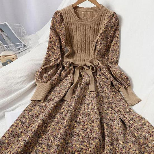 Women's Spring Autumn Slim Knitted Long Dress Vintage All-match Corduroy Floral Printing Party A-line Dress