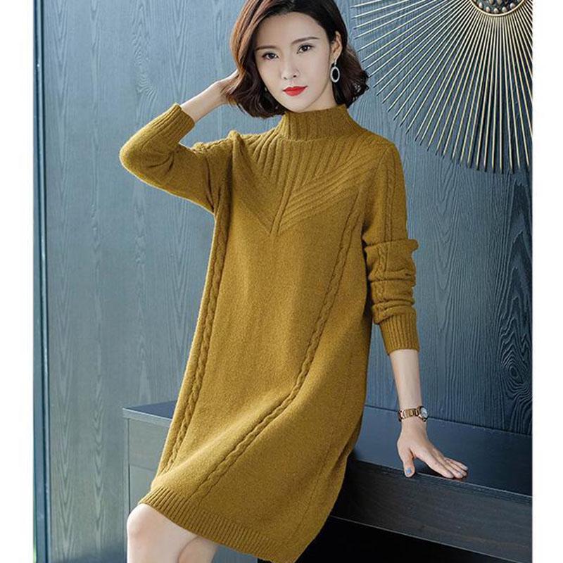 Autumn and Winter Mid-length Sweater Loose Long-sleeved Knitted Bottoming Shirt All-match Half High Collar Dress