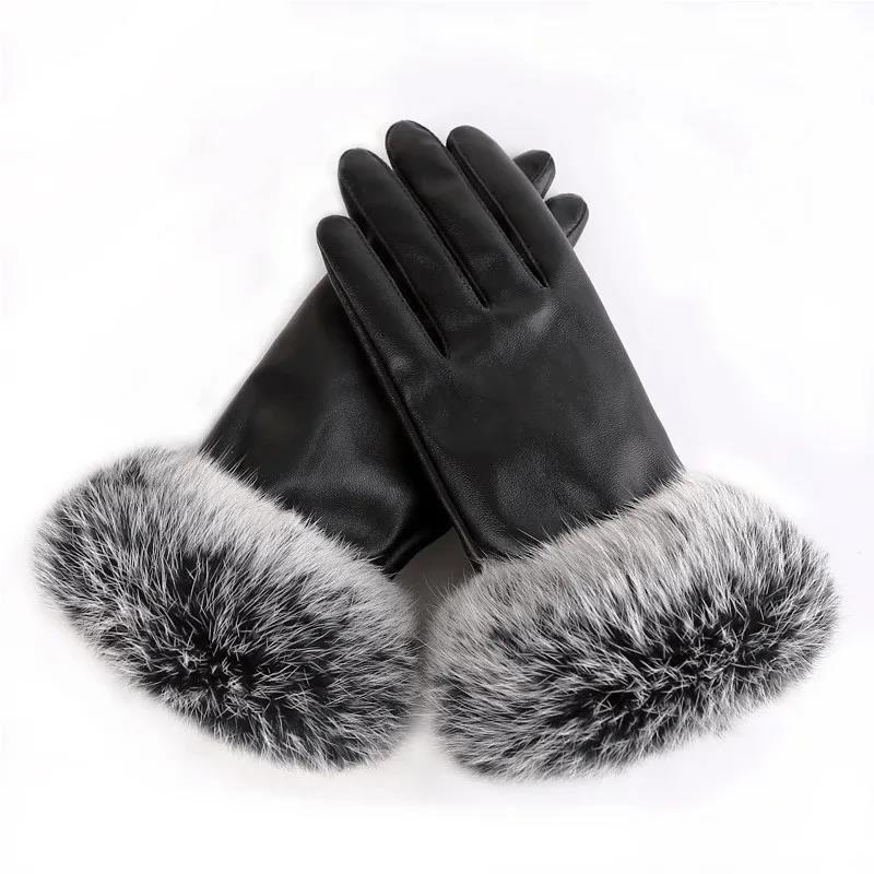 Women Lady Black Leather Gloves Autumn Winter Warm Rabbit Fur Mittens Worldmart