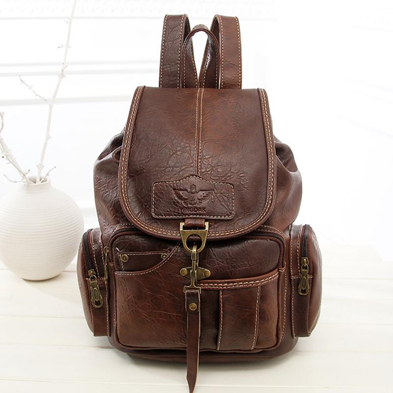 Vintage Retro Women Backpack for Teenage Girls School Bags Large Drawstring Backpacks High Quality PU Leather Brown Bag