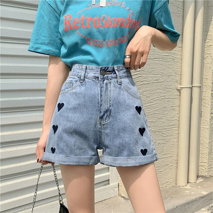 WTEMPO Women Denim Shorts Jeans Heart-shaped Embroidery Washed Denim Summer High Waist Casual Shorts