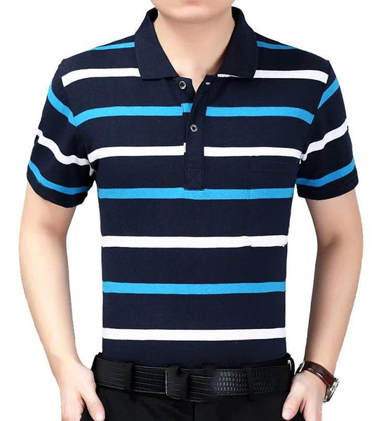 Summer Middle-aged Men's Short-sleeved T-shirt Lapel Dad Wear Summer Loose and Thin Half-sleeved Men's Striped    Shirt