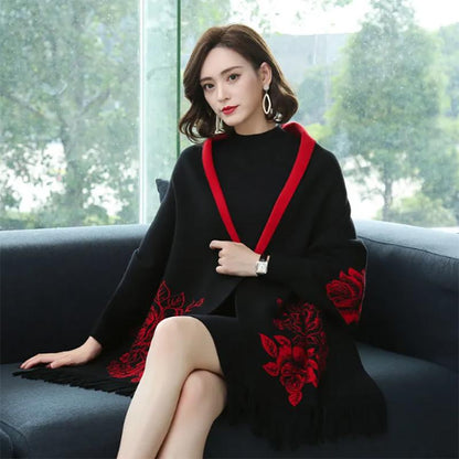 Sleeve Scarfs Female Wool Jacquard Thickened Warmth Cloak-style Double-sided Cloak Scarf Dual-use