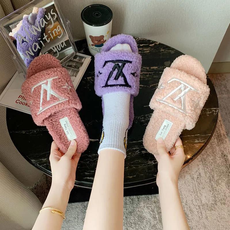 Ladies Cotton Slippers Plush Slippers Fall Winter Fashion Outer Wear All-match Flat Flat Shoes