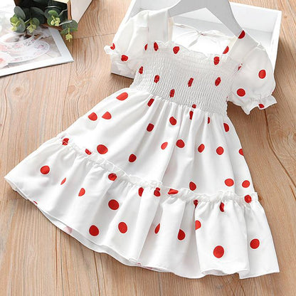 Kids Girls Sweet Style Fresh Style Summer Polka Dot Sundress French Stylish A-Line Dress for Party Birthday Gift