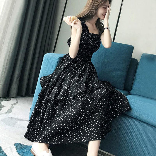 Women's Summer Korean Elegant Slim Mid Length Chiffon Wave Point Suspender Floral Dress