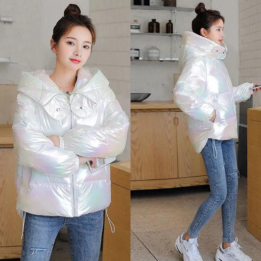 Winter Fashion Ladies Bright Leather Down Jacket Short Color Thick Loose Hooded Disposable Down Jacket