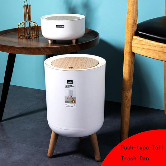 7L/2L Fashion Trash Can with High Feet Imitation Wooden Wood Grain Desktop with Gland Trash Can Living Room Bathroom Kitchen Trash Can