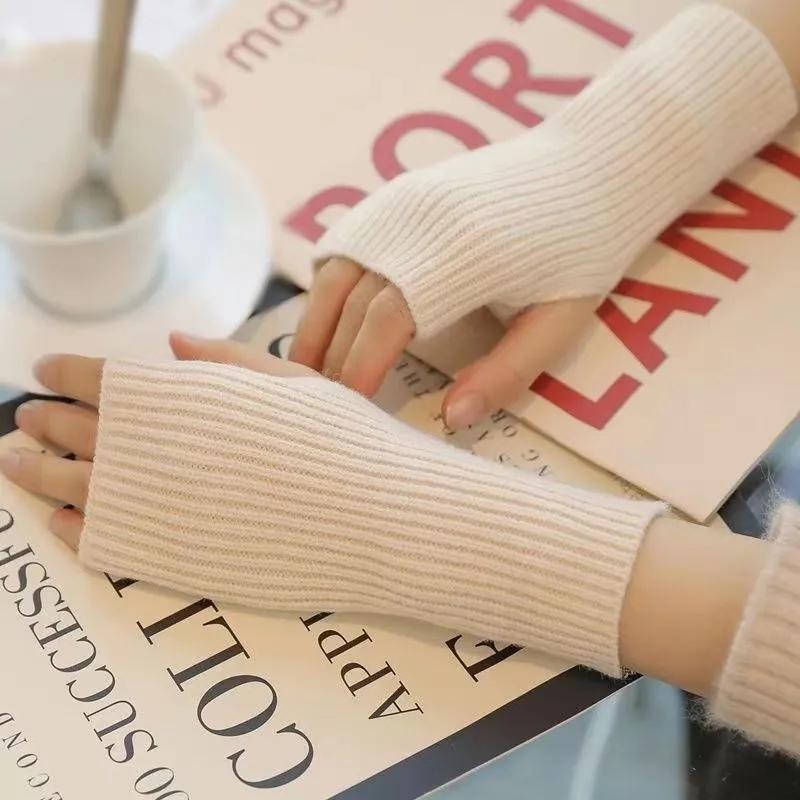 Women's Autumn Winter Plus Velvet Gloves Simple Thickening Warm Half-finger Knitted Gloves Solid Color Elastic Writing Sleeves Wristband Warm Mittens