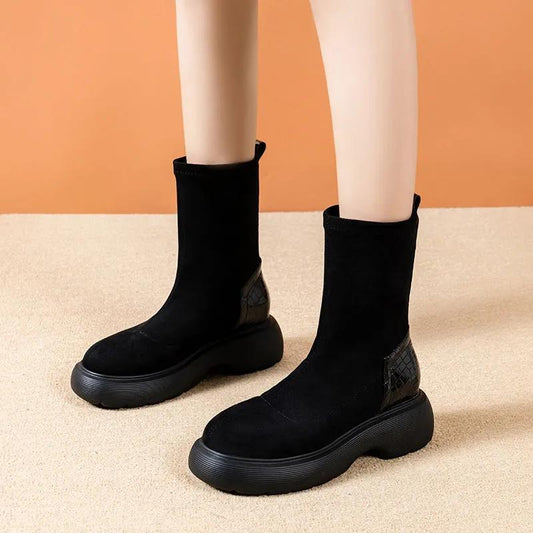 Black Boots Woman Autumn and Winter Velvet Elastic Boots Korean Version of Wild Short Boots Increased Thick-soled Boots Martin Plush Boots