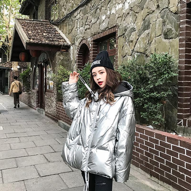 Women's Shiny Short Down Jacket Winter Korean Style Loose Quilted Jacket Casual Stand-collar Padded Jacket