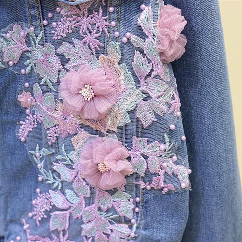 Spring and Autumn Heavy Industry Embroidery Three-dimensional Flower Hole Denim Short Jacket Women's Loose Long Sleeve Jacket Top