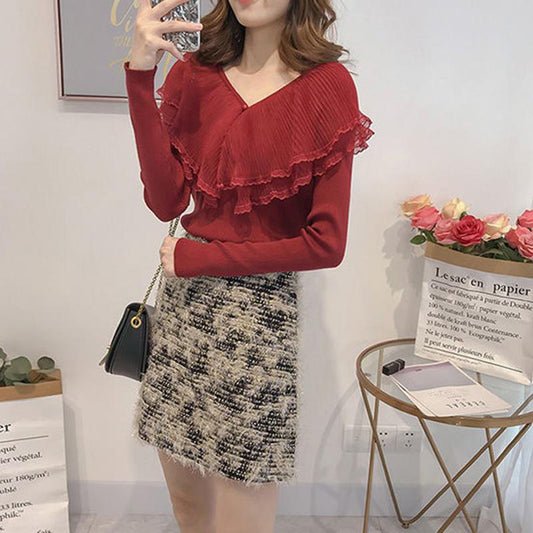 Double Layer Lotus Leaf Collar Sweater Fashion Flared Sleeve Sweater Autumn and Winter Ins Blouse