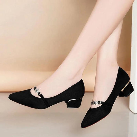 Spring and Autumn Korean Style All-match Single Shoes Pointed Toe Polished Yarn Fashion Ladies Rhinestone Mid-heel Thick Heel Casual Women's Shoes