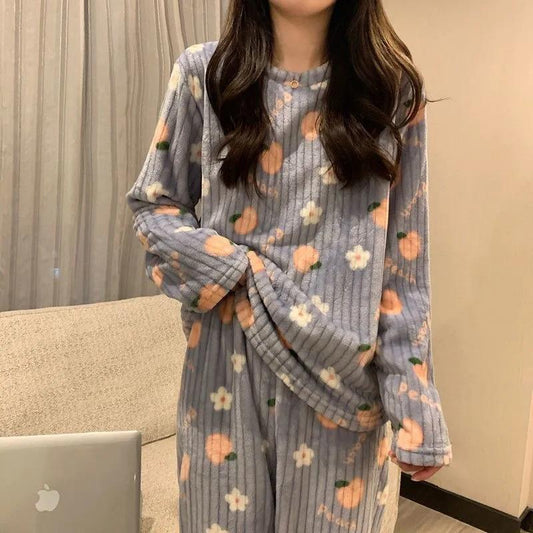 Cute Sweet Long Sleeves Pajamas Set Coral Fleece Warm Printing Stripes Sleeping Suit Women Casual Home Clothes Suit