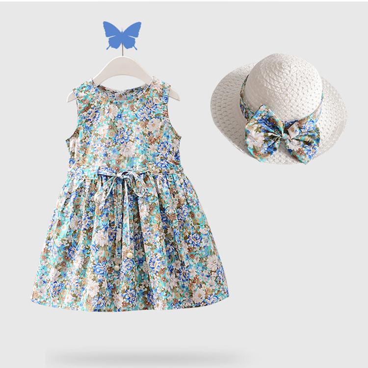 2PCS/Set Girls Dress +Hat Cotton Comfortable Children's Dress Summer Dress Floral Girls' Sleeveless Dress For Children