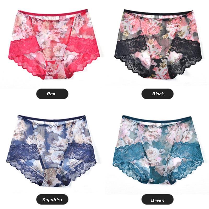 4-piece Large Size Lace Sexy Panties Mid-waist Mesh Ladies Panties Antibacterial Breathable Panties