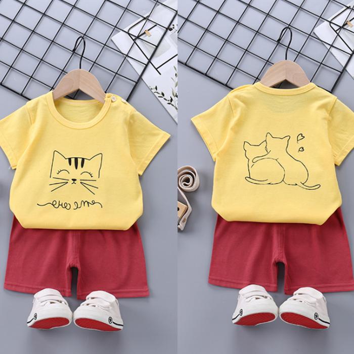 Children's Short Sleeve Suit Korean Style Boys and Girls Set Printing T-shirt + Shorts Two Piece Set