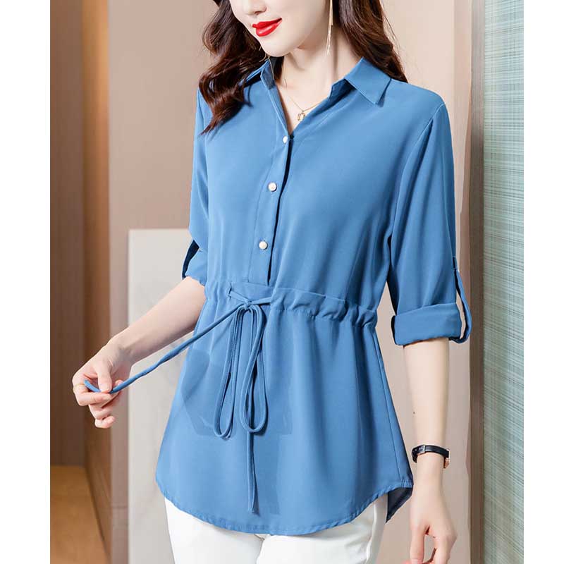 Shirt Women's Spring and Autumn Large Size Long-sleeved Waist Top Mid-length Solid Color Shirt