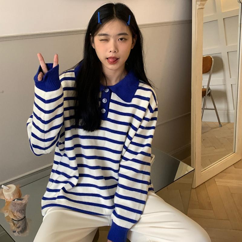 College Style Polo Collar Striped Sweater Female Student Autumn and Winter Casual Loose and Lazy Pullover Sweater Top Outer Wear