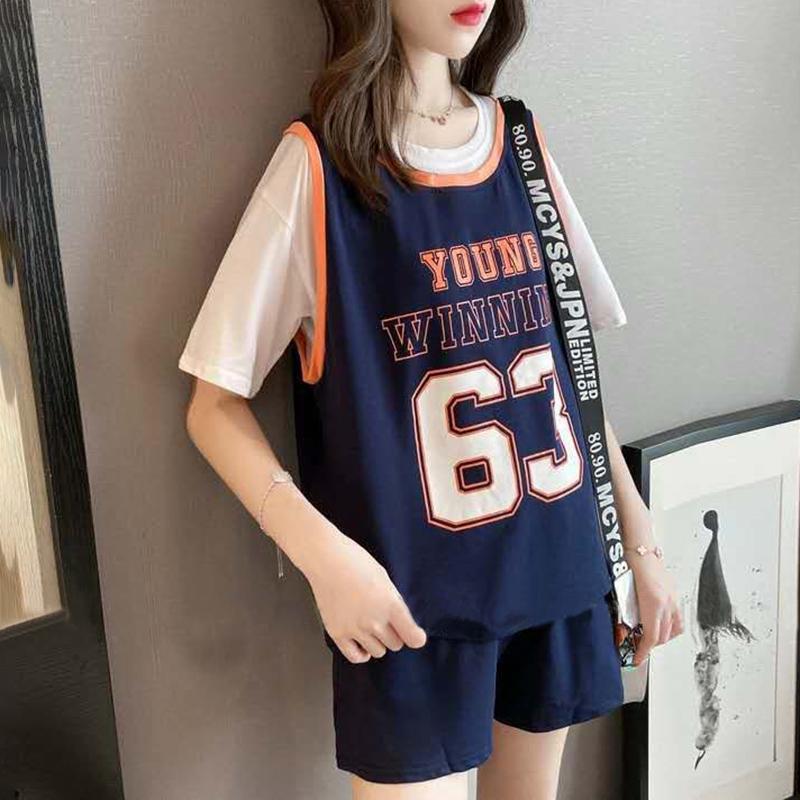 Summer Casual Suit Female Printed Loose Top Sports Shorts Two-piece Basketball Uniform Digital Pattern Loose Casual Suit Home Service